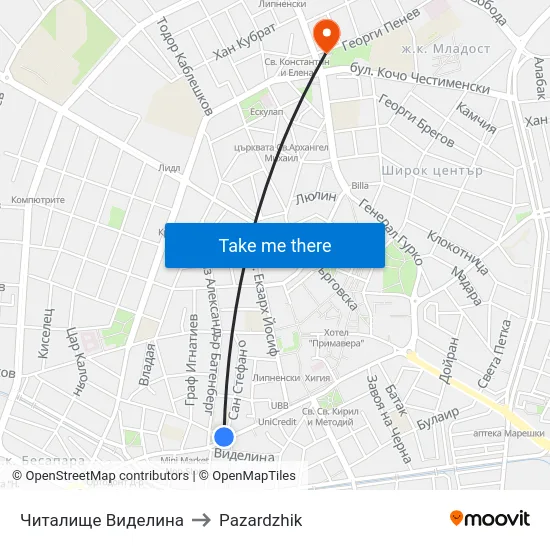Читалище Виделина to Pazardzhik map