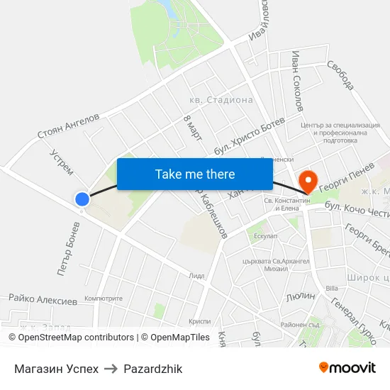 Магазин Успех to Pazardzhik map