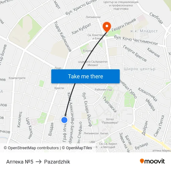 Аптека №5 to Pazardzhik map