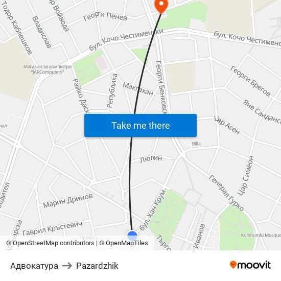 Адвокатура to Pazardzhik map