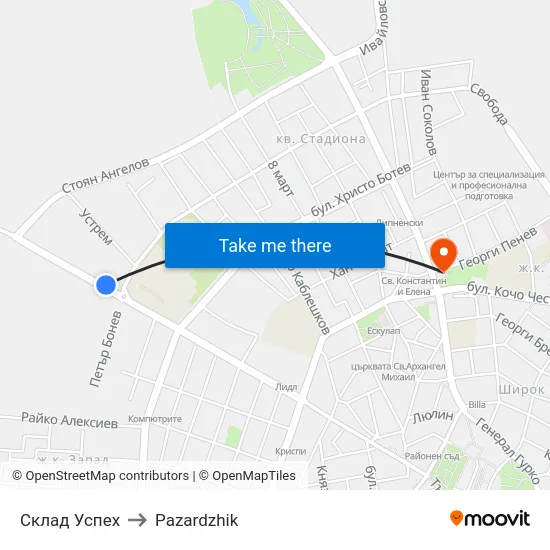 Склад Успех to Pazardzhik map