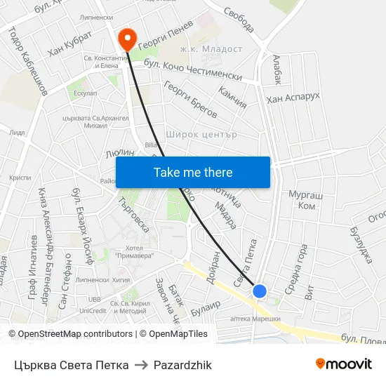 Църква Света Петка to Pazardzhik map