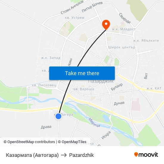 Казармата (Автогара) to Pazardzhik map
