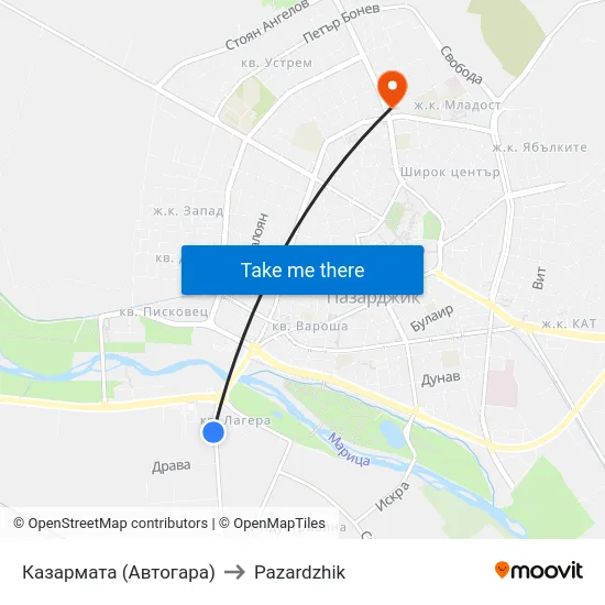 Казармата (Автогара) to Pazardzhik map