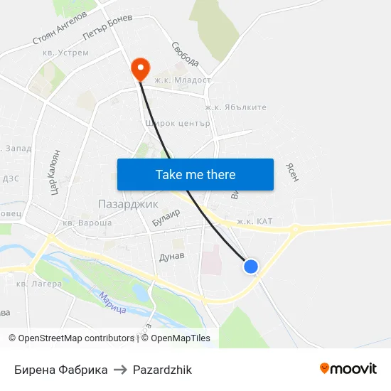 Бирена Фабрика to Pazardzhik map