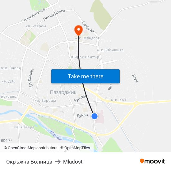 Окръжна Болница to Mladost map
