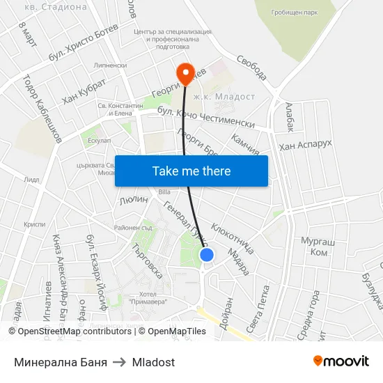 Минерална Баня to Mladost map