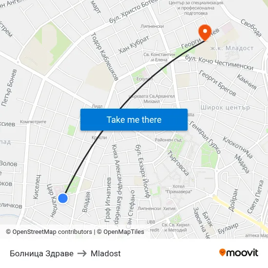 Health Hospital to Mladost map