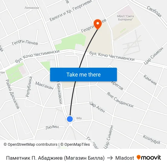P. Abadzhiev Monument (Billa Store) to Mladost map