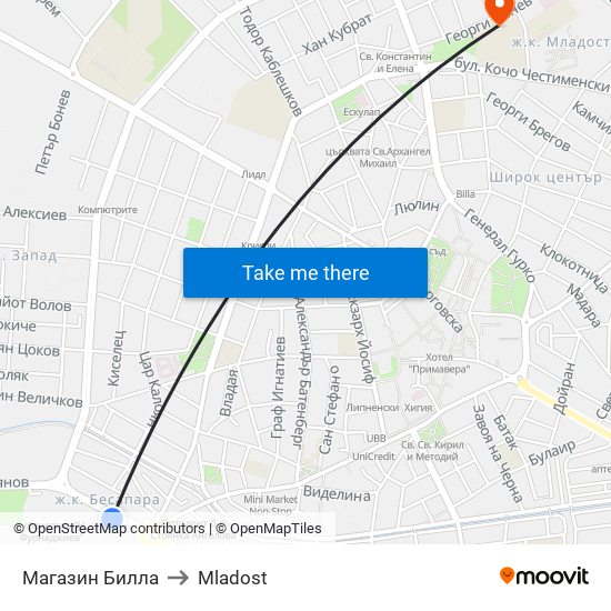 Магазин Билла to Mladost map