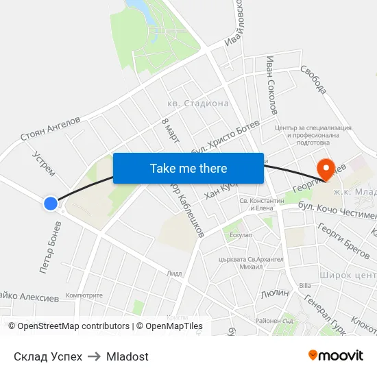 Uspeh Warehouse to Mladost map