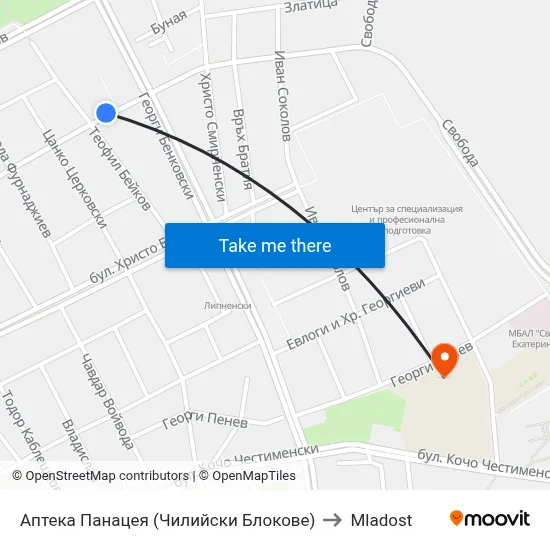 Panacea Pharmacy (Chilean Blocks) to Mladost map