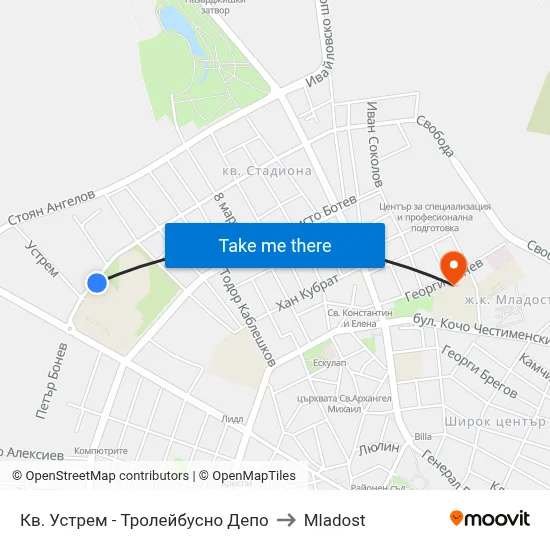 Ustrem District - Trolleybus Depot to Mladost map