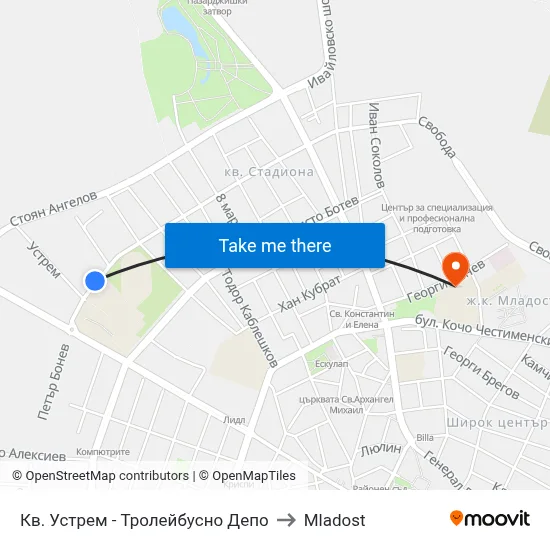 Ustrem District - Trolleybus Depot to Mladost map