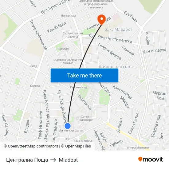 Площад "К. Величков" to Mladost map