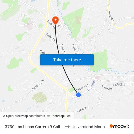 3730 Las Lunas Carrera 9 Calle 1 to Universidad Mariana map