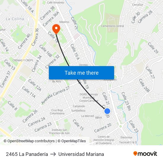2465 La Panadería to Universidad Mariana map