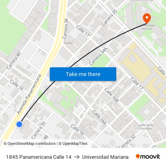 1845 Panamericana Calle 14 to Universidad Mariana map