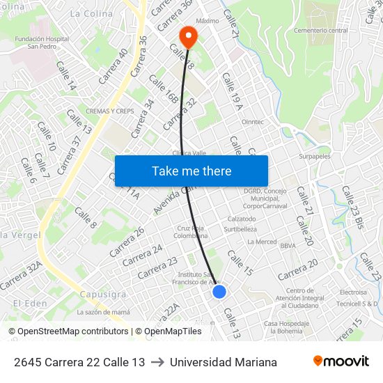 2645 Carrera 22 Calle 13 to Universidad Mariana map