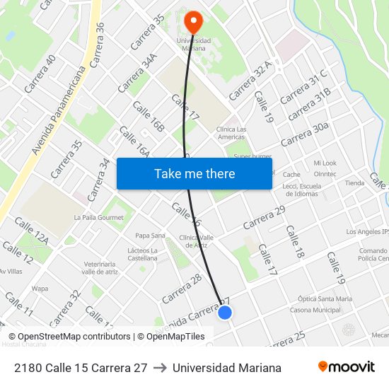 2180 Calle 15 Carrera 27 to Universidad Mariana map
