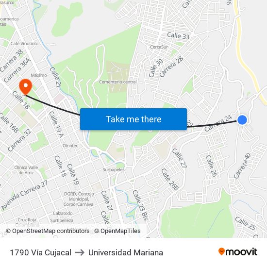 1790 Vía Cujacal to Universidad Mariana map