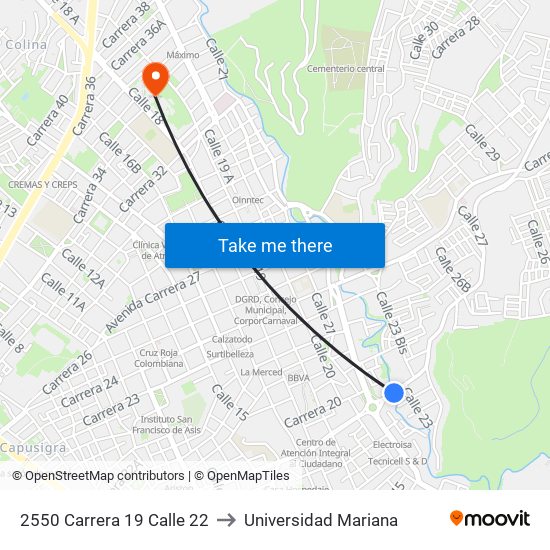 2550 Carrera 19 Calle 22 to Universidad Mariana map