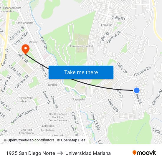 1925 San Diego Norte to Universidad Mariana map