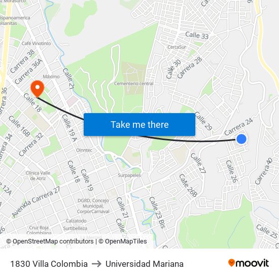 1830 Villa Colombia to Universidad Mariana map