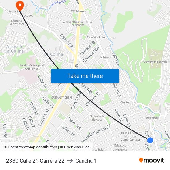 2330 Calle 21 Carrera 22 to Cancha 1 map