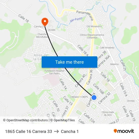 1865 Calle 16 Carrera 33 to Cancha 1 map