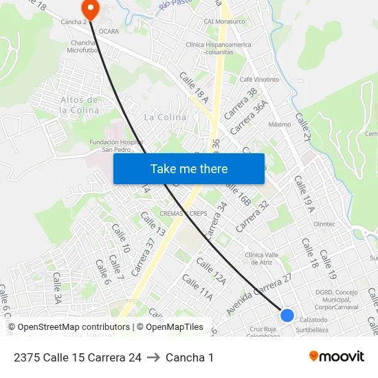 2375 Calle 15 Carrera 24 to Cancha 1 map