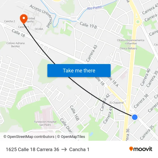 1625 Calle 18 Carrera 36 to Cancha 1 map