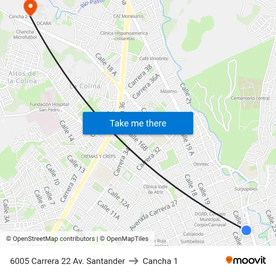 6005 Carrera 22 Av.   Santander to Cancha 1 map
