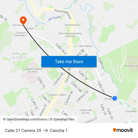 Calle 21 Carrera 29 to Cancha 1 map