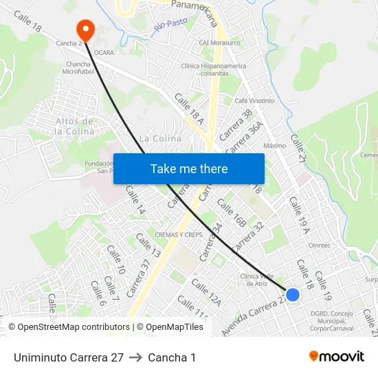 Uniminuto Carrera 27 to Cancha 1 map