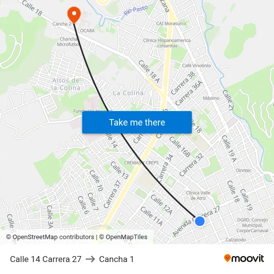 Calle 14 Carrera 27 to Cancha 1 map