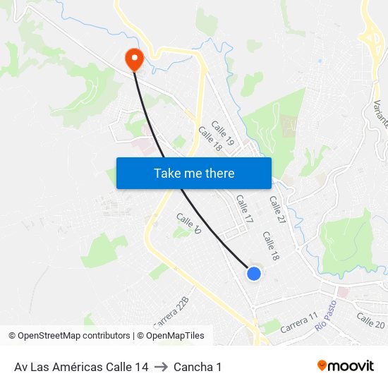 Av Las Américas Calle 14 to Cancha 1 map