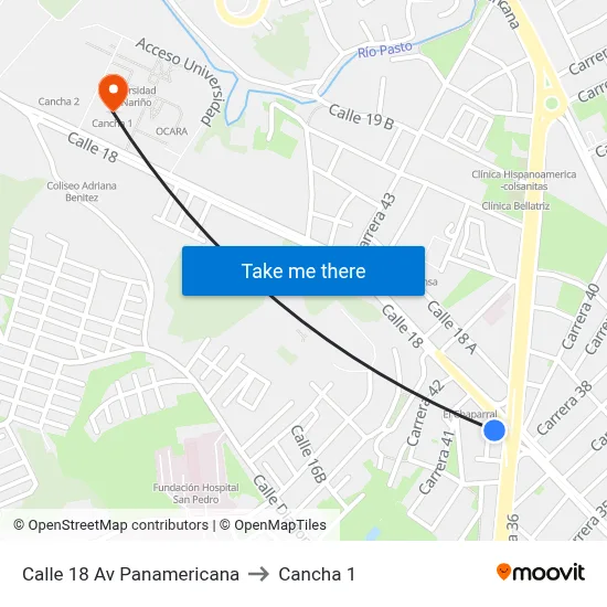 Calle 18 Av Panamericana to Cancha 1 map
