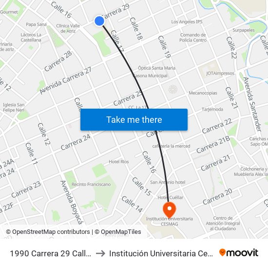 1990 Carrera 29 Calle 17 to Institución Universitaria Cesmag map
