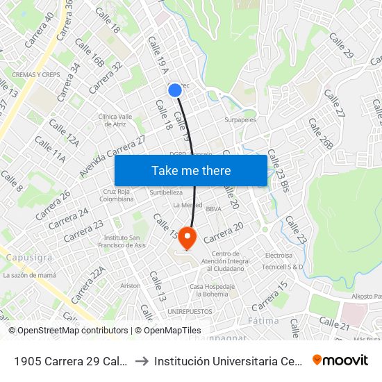 1905 Carrera 29 Calle19 to Institución Universitaria Cesmag map