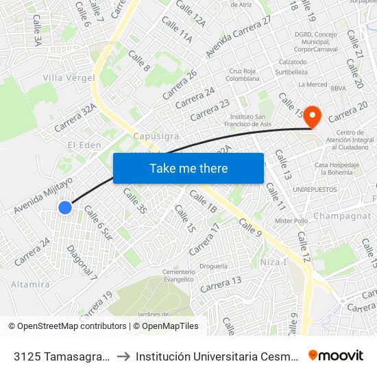 3125 Tamasagra 1 to Institución Universitaria Cesmag map
