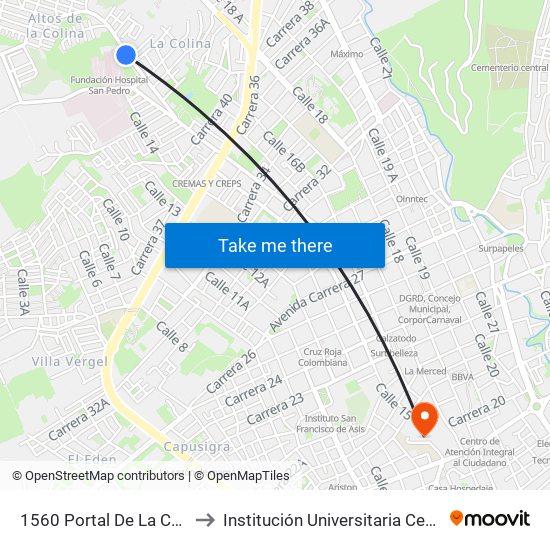 1560 Portal De La Colina to Institución Universitaria Cesmag map