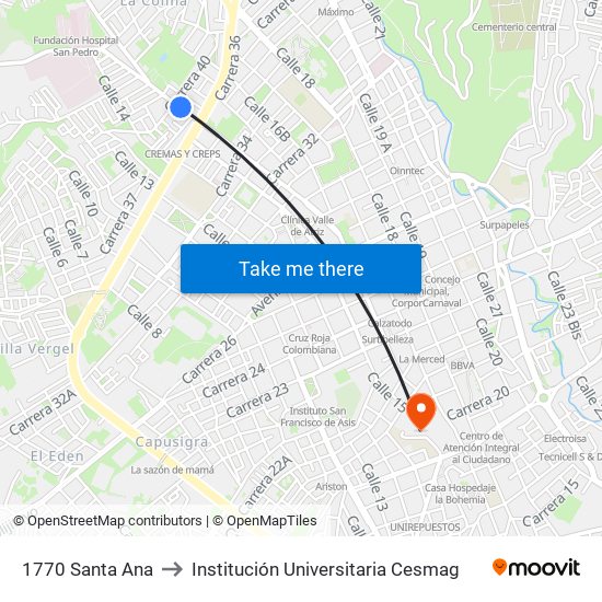 1770 Santa Ana to Institución Universitaria Cesmag map