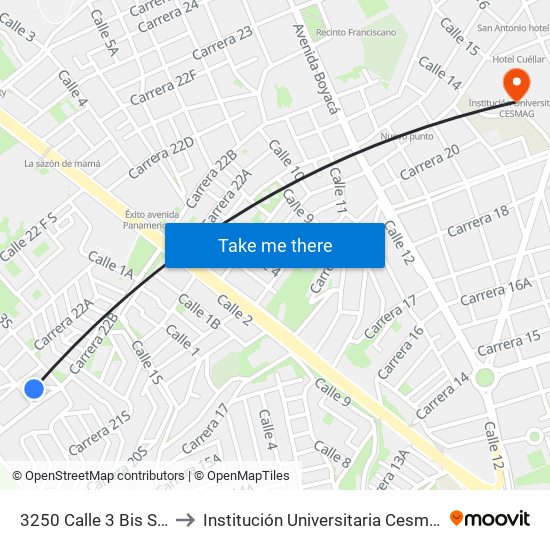 3250 Calle 3 Bis Sur to Institución Universitaria Cesmag map