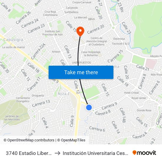 3740 Estadio Libertad to Institución Universitaria Cesmag map