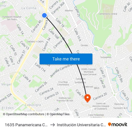 1635 Panamericana Calle 16 to Institución Universitaria Cesmag map