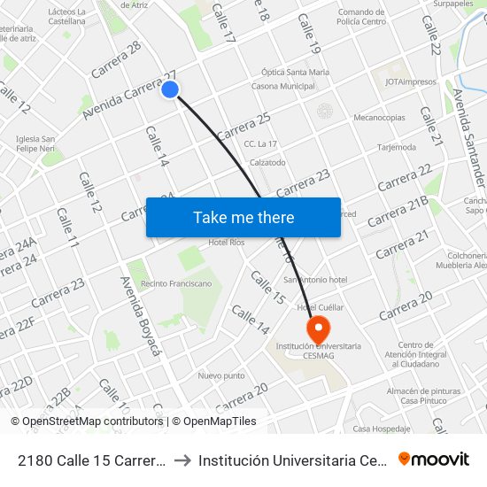 2180 Calle 15 Carrera 27 to Institución Universitaria Cesmag map