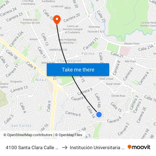 4100 Santa Clara Calle 16 Cra 4 to Institución Universitaria Cesmag map