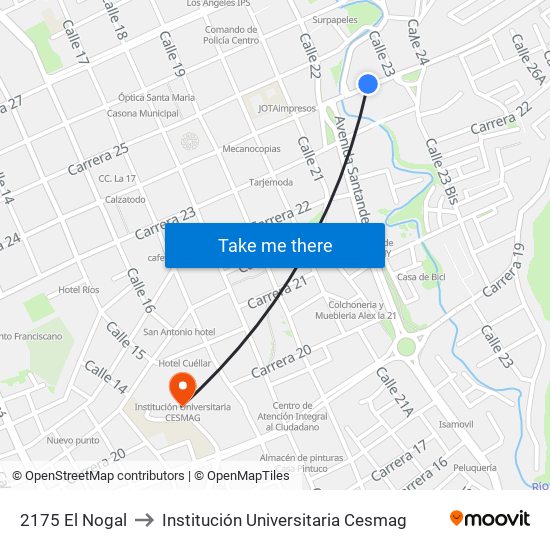 2175 El Nogal to Institución Universitaria Cesmag map