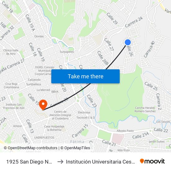 1925 San Diego Norte to Institución Universitaria Cesmag map